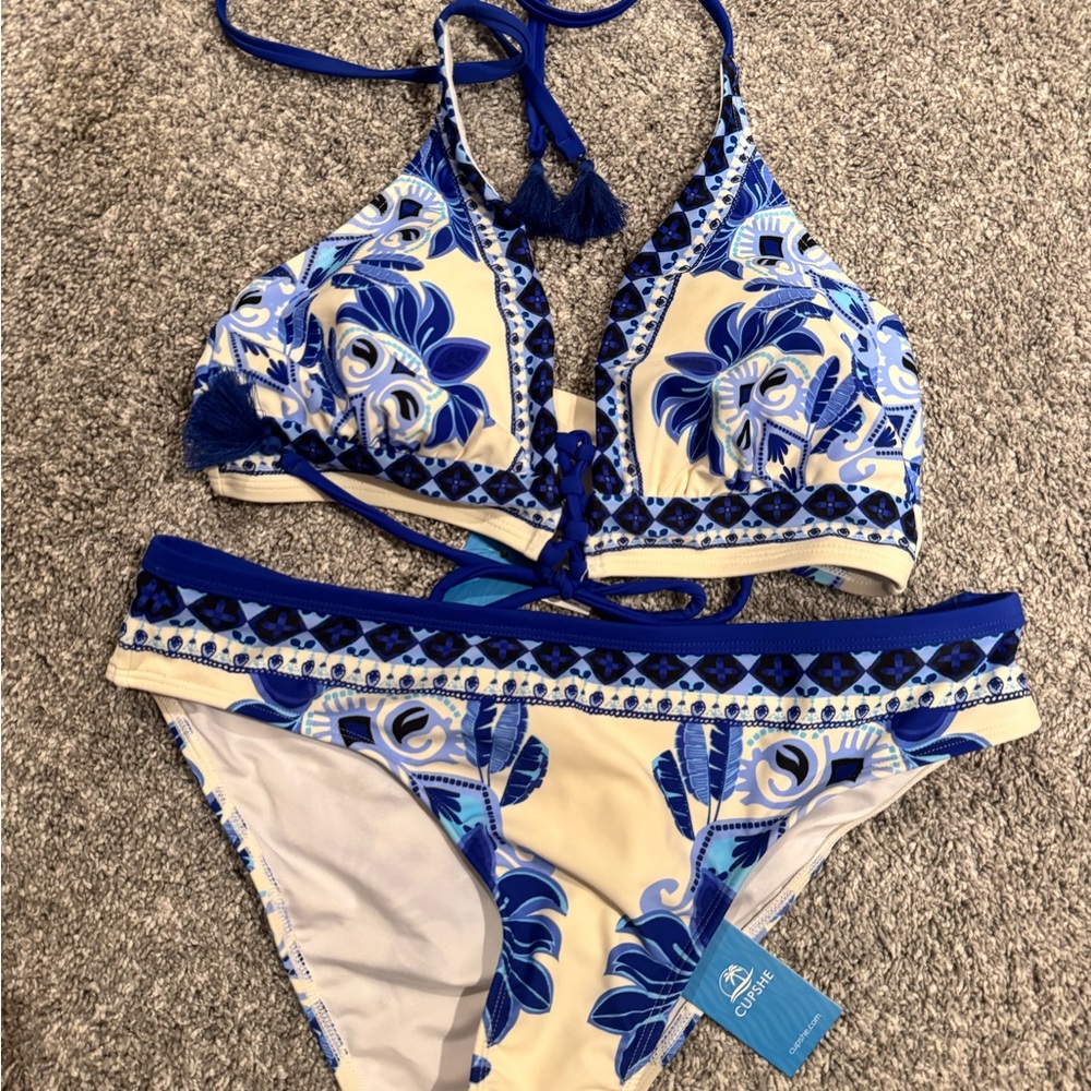 Blue and White Bikini Set